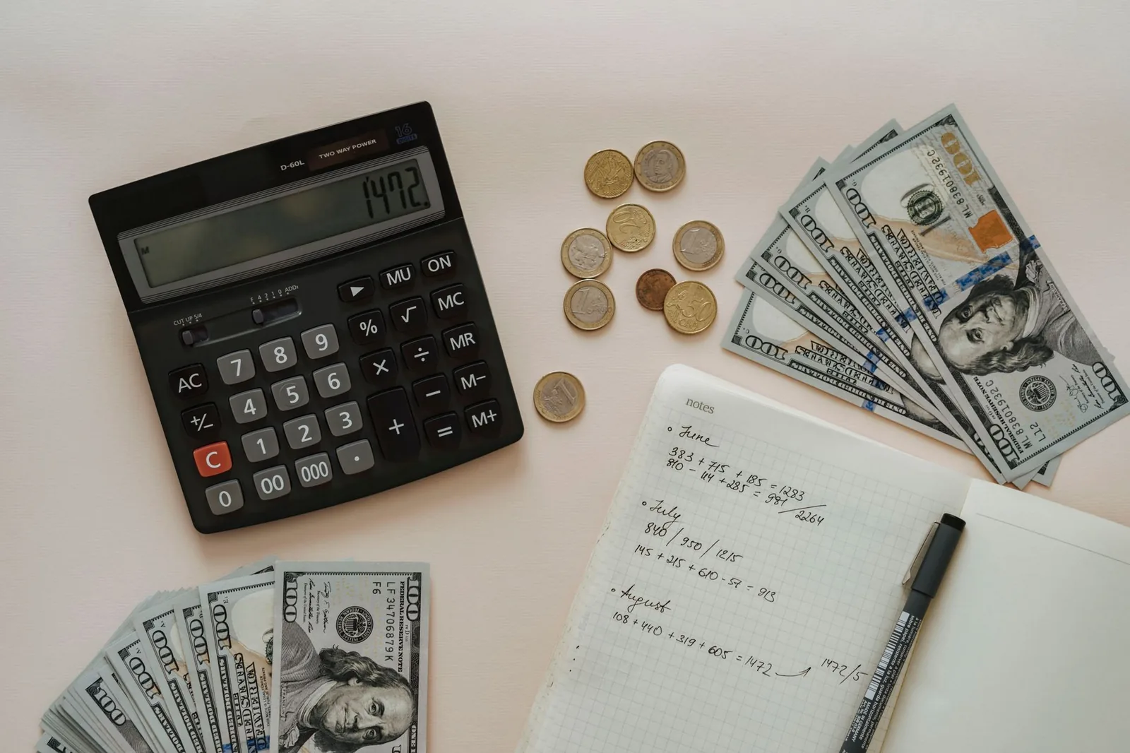 Calculator, US dollar bills, coins and a notebook of handwritten sums on a table