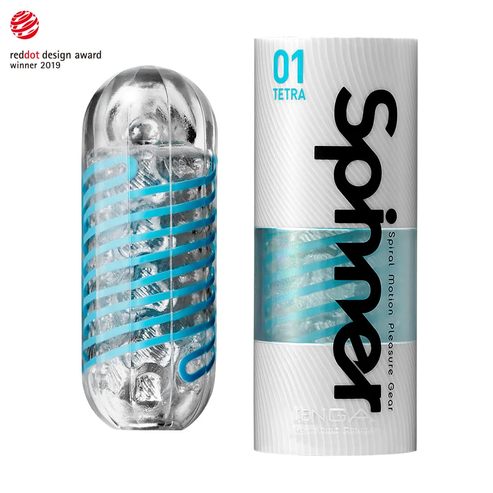 Tenga Spinner 01 Tetra stroker beside its case, maker photo